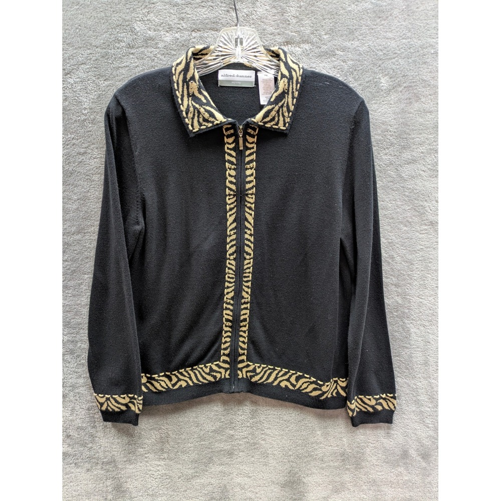 Mob Wife‎ Zebra Trim Zip Up Cardigan Sweater Womens Petite Medium Black Gold